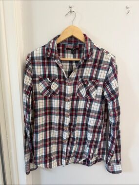 Insight Plaid Button-Down flannel Shirt in White, Navy & Red size 6